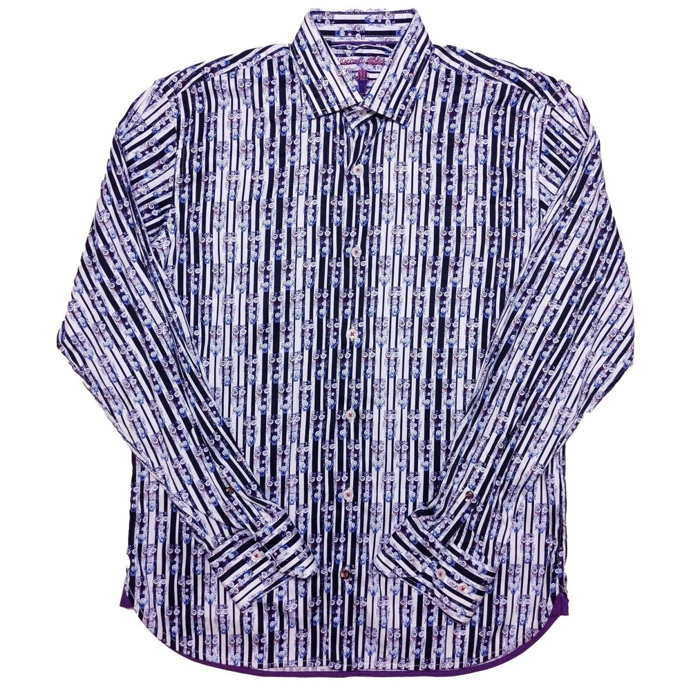 VISCONTI BLACK Long Sleeve‎ Shirt Black Striped Purple Tiki God Medium M